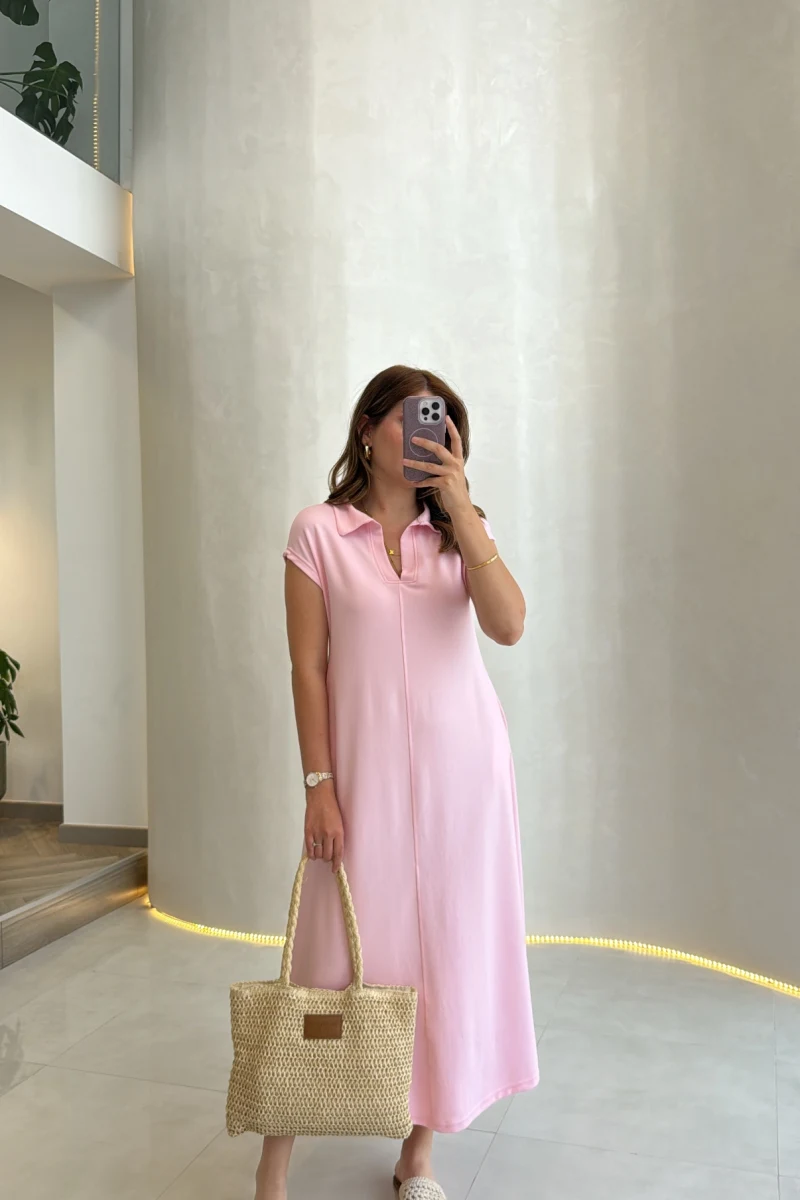 Yakalı Sıfır Kol Elbise - Pembe - Kod: 4141