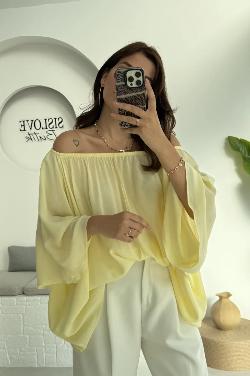 Yakası Lastikli Yarasa Kol Bluz - Sarı - 4978