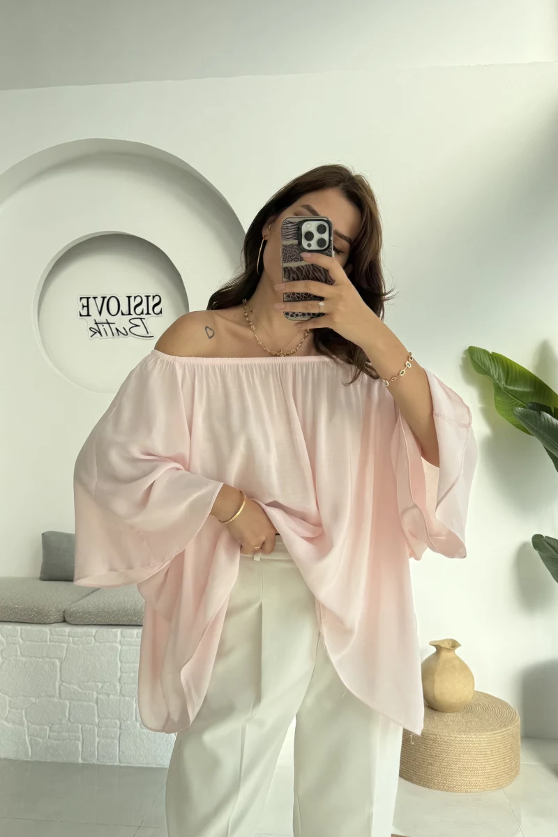 Yakası Lastikli Yarasa Kol Bluz - Şeker Pembesi - 4978