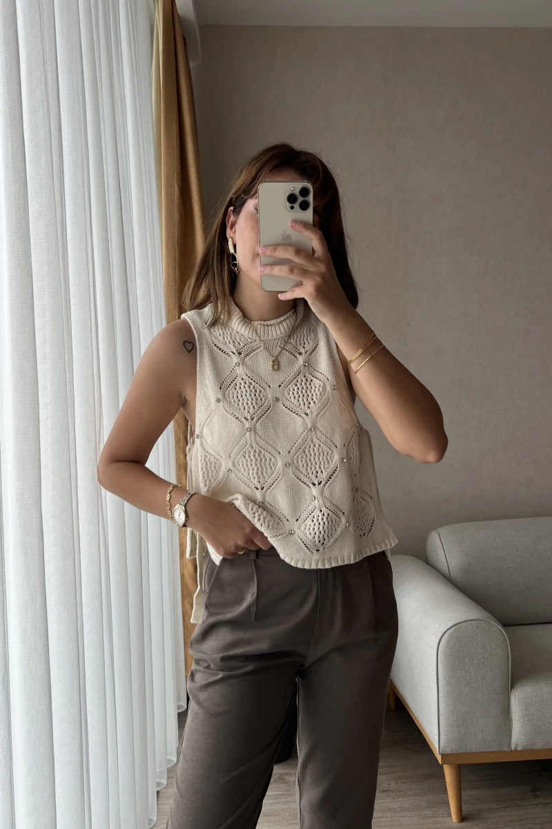 Yandan Bağlamalı Taşlı Triko