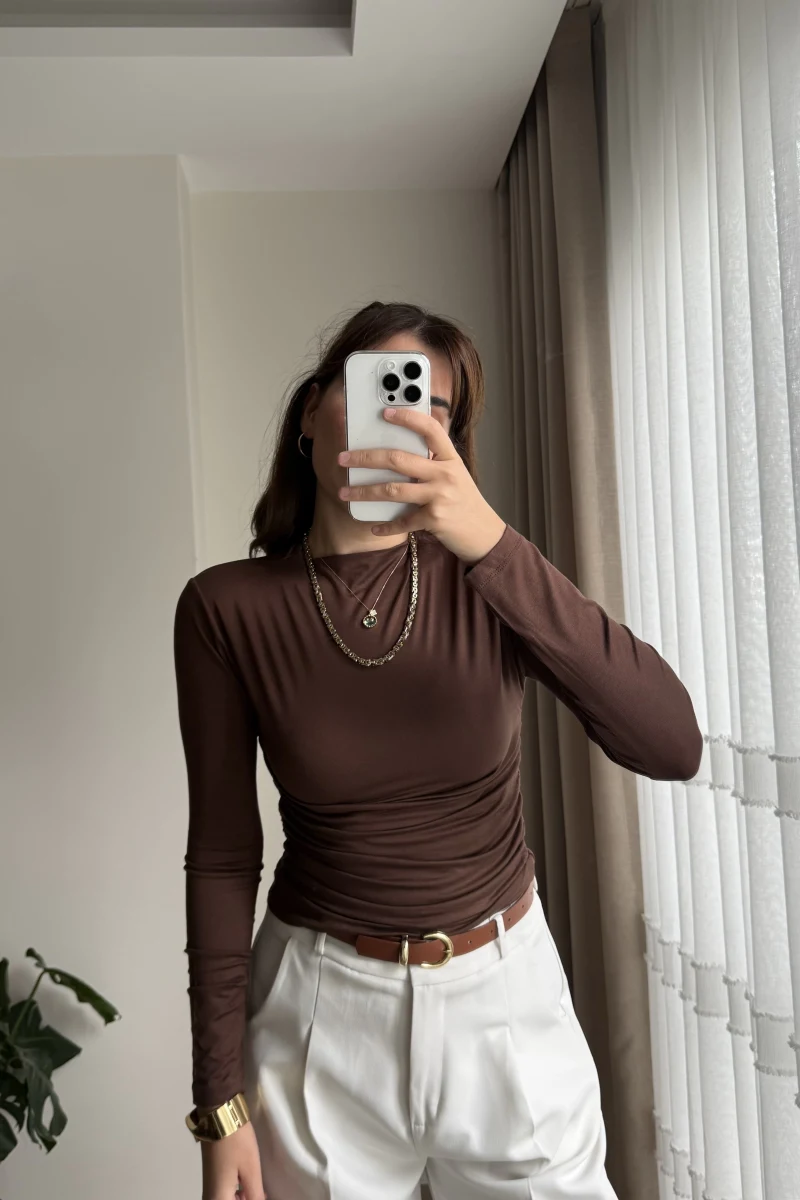 Yandan Büzgülü Acı Kahve Bluz