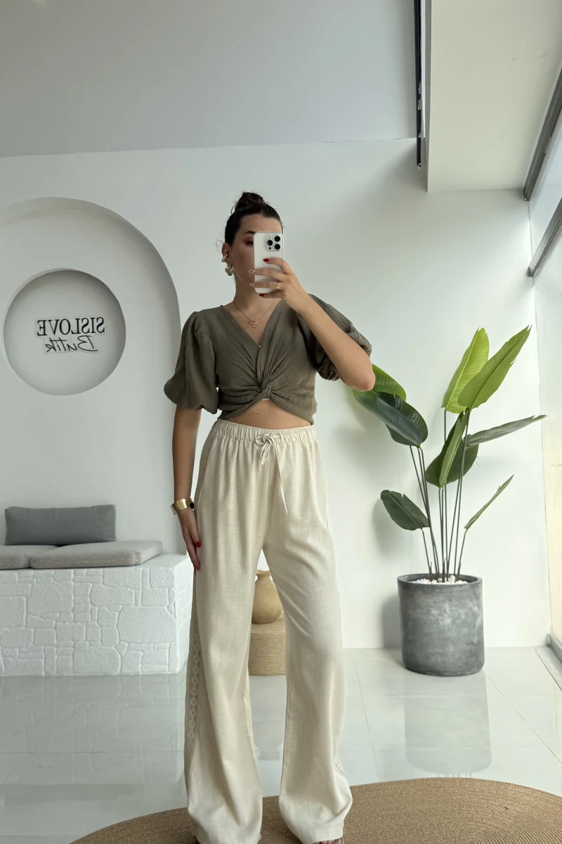 Yanı Dantel Şeritli Taş Keten Palazzo Pantolon