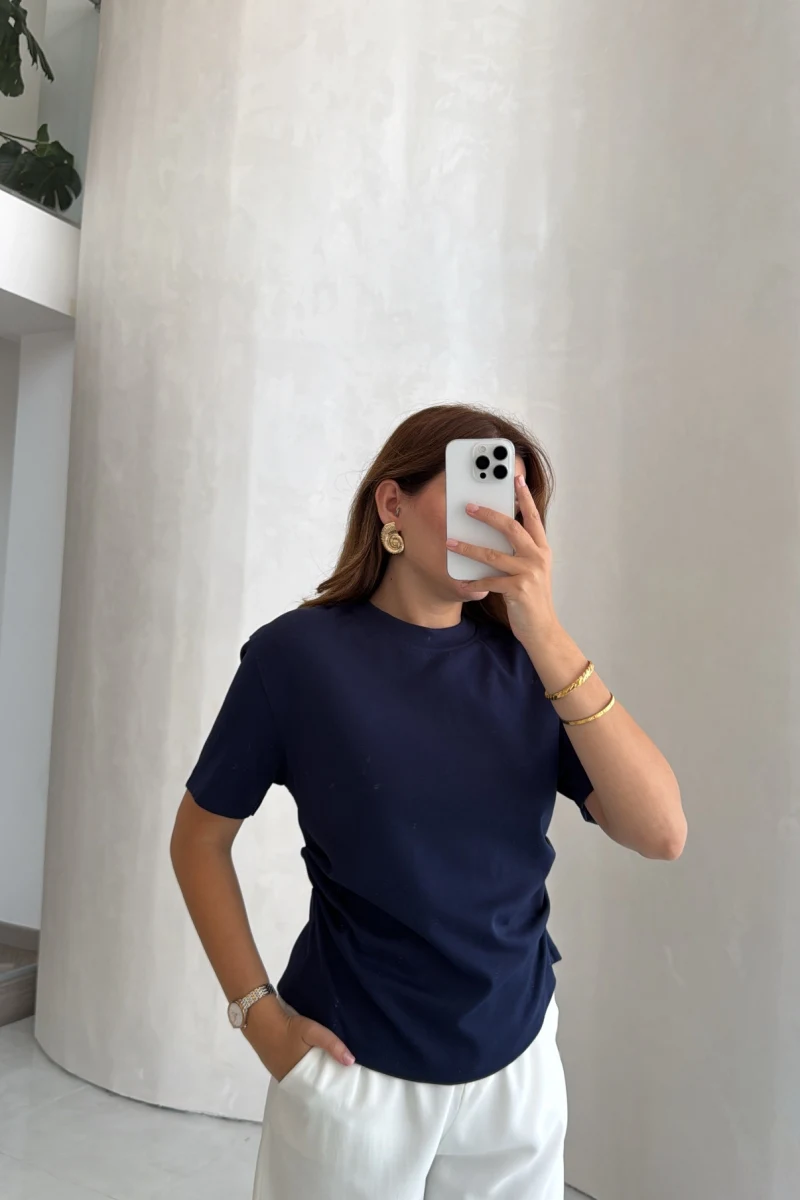 Yanı Pileli Arkası Yırtmaçlı Bluz - Lacivert - Kod: 4559