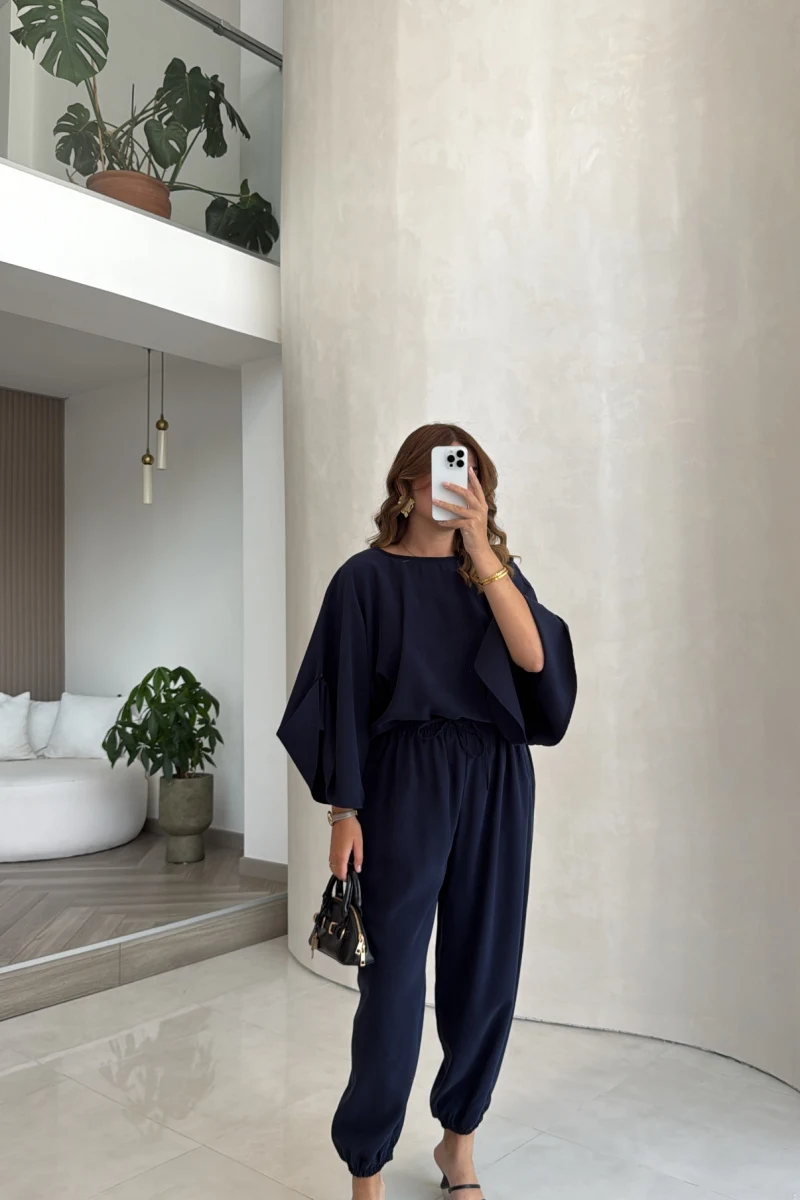 Yarasa Kol Bluz Şalvar Pantolon Takım - Lacivert - Kod: 3630 4183