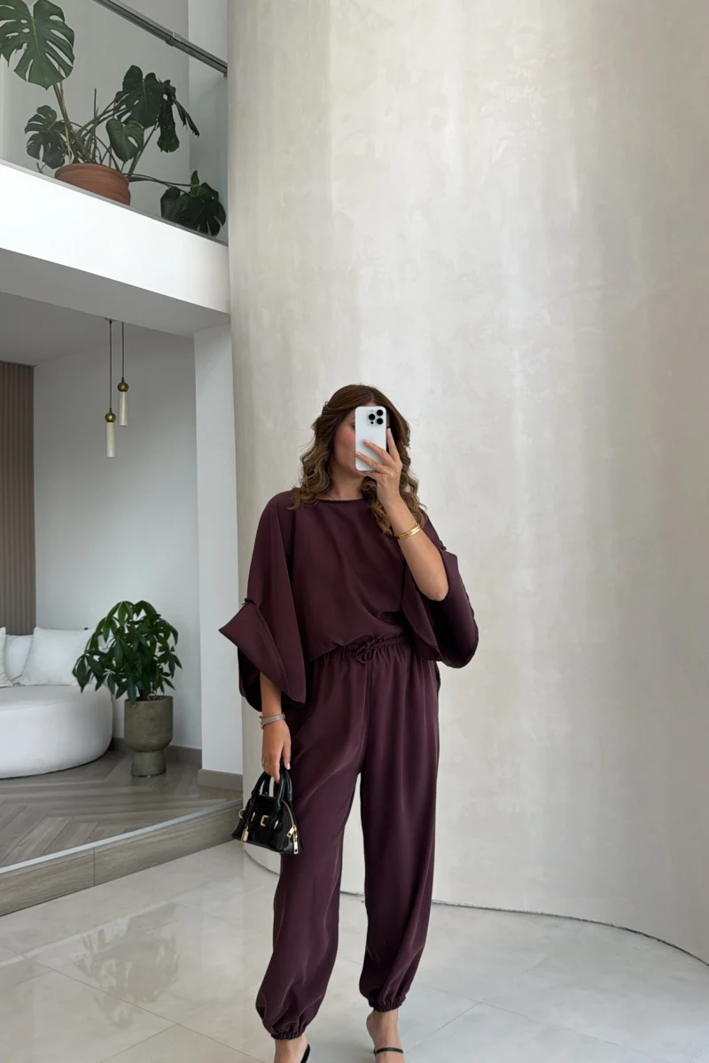 Yarasa Kol Bluz Şalvar Pantolon Takım - Mürdüm - Kod: 3630 4183