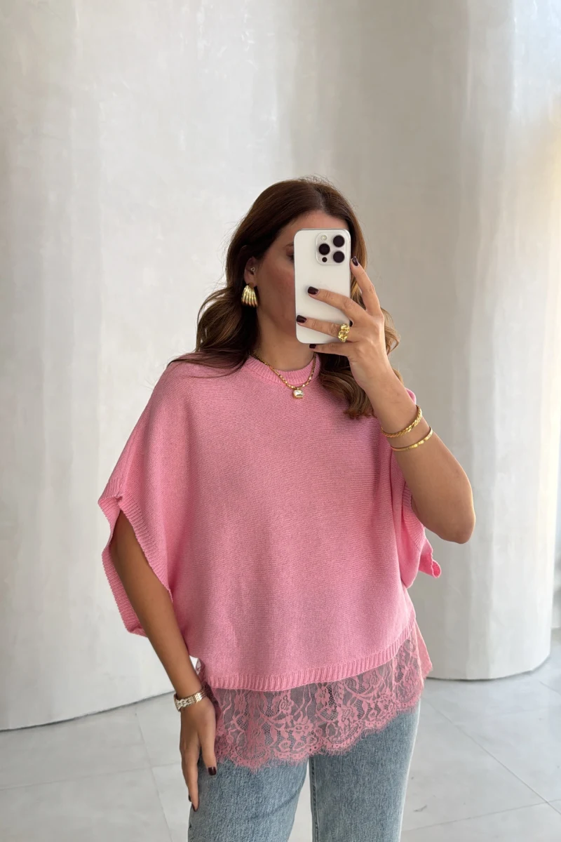 Yarasa Kol Dantel Detay Bluz - Pembe - Kod: 2716