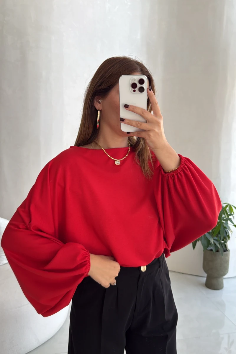 Yarasa Kol Oversize Bluz - Kırmızı - Kod: 1627