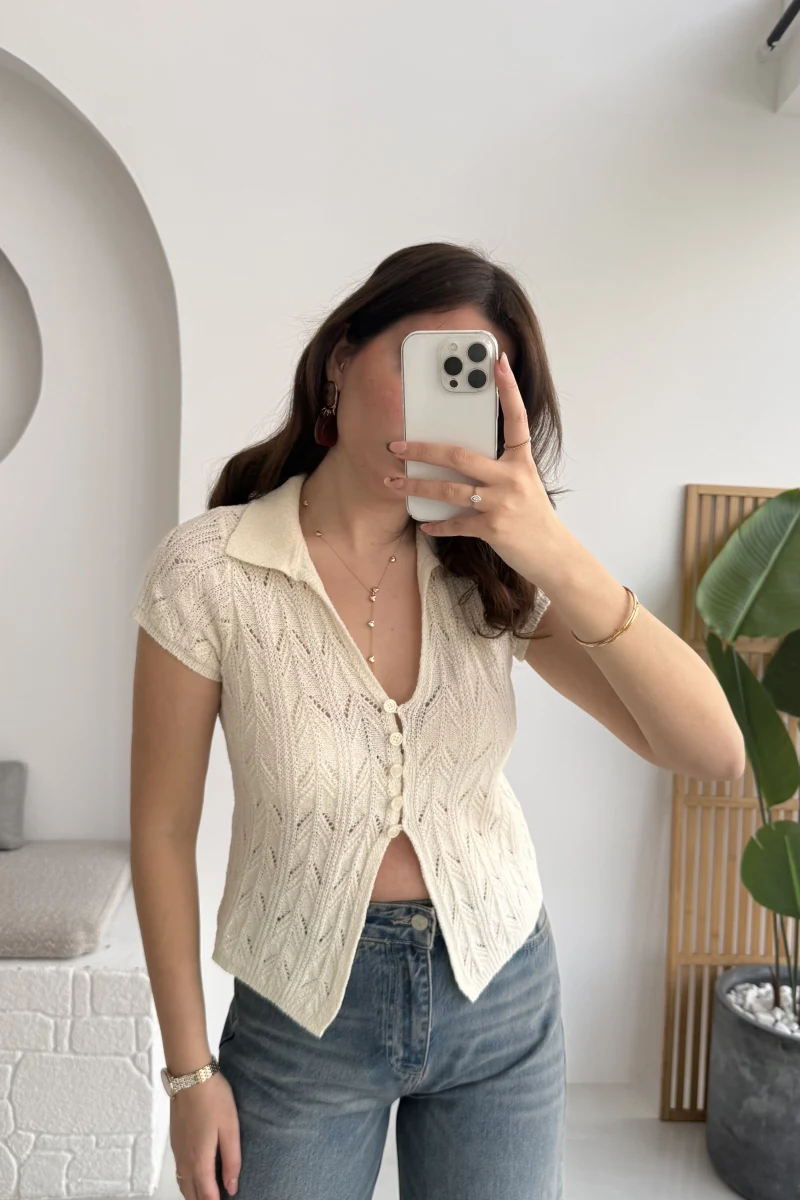 Yarım Kol Ajurlu Polo Yaka Hırka - Krem - Kod: 4817