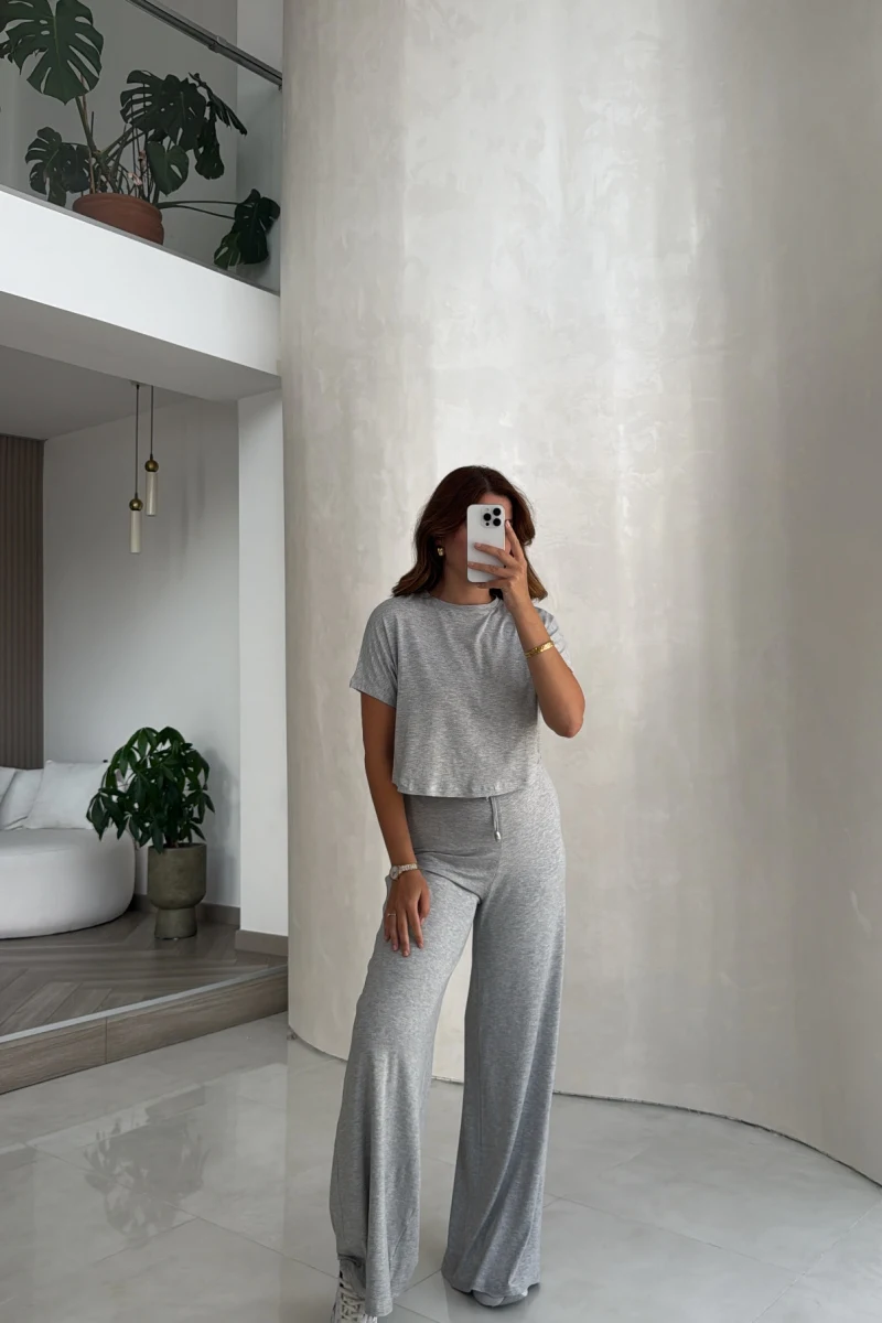 Yarım Kol Bluz Beli Lastikli Pantolon Takım - Gri - Kod: 4166