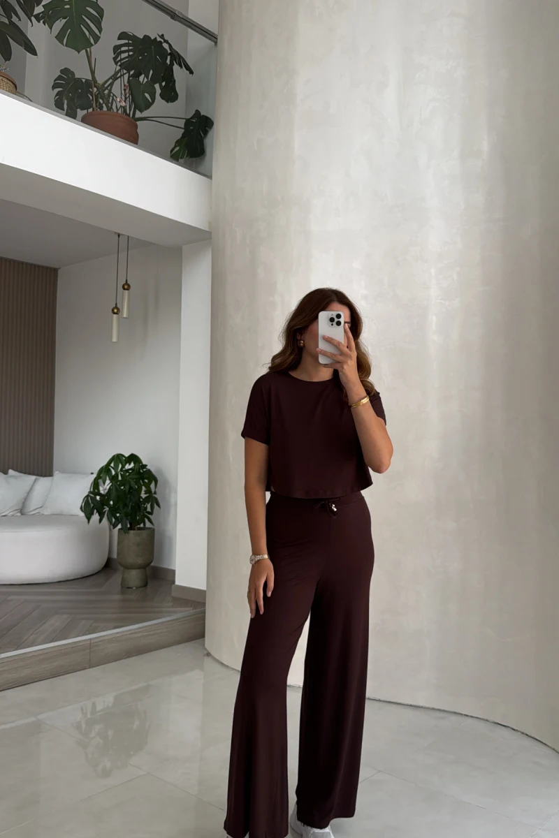 Yarım Kol Bluz Beli Lastikli Pantolon Takım - Kahve - Kod: 4166