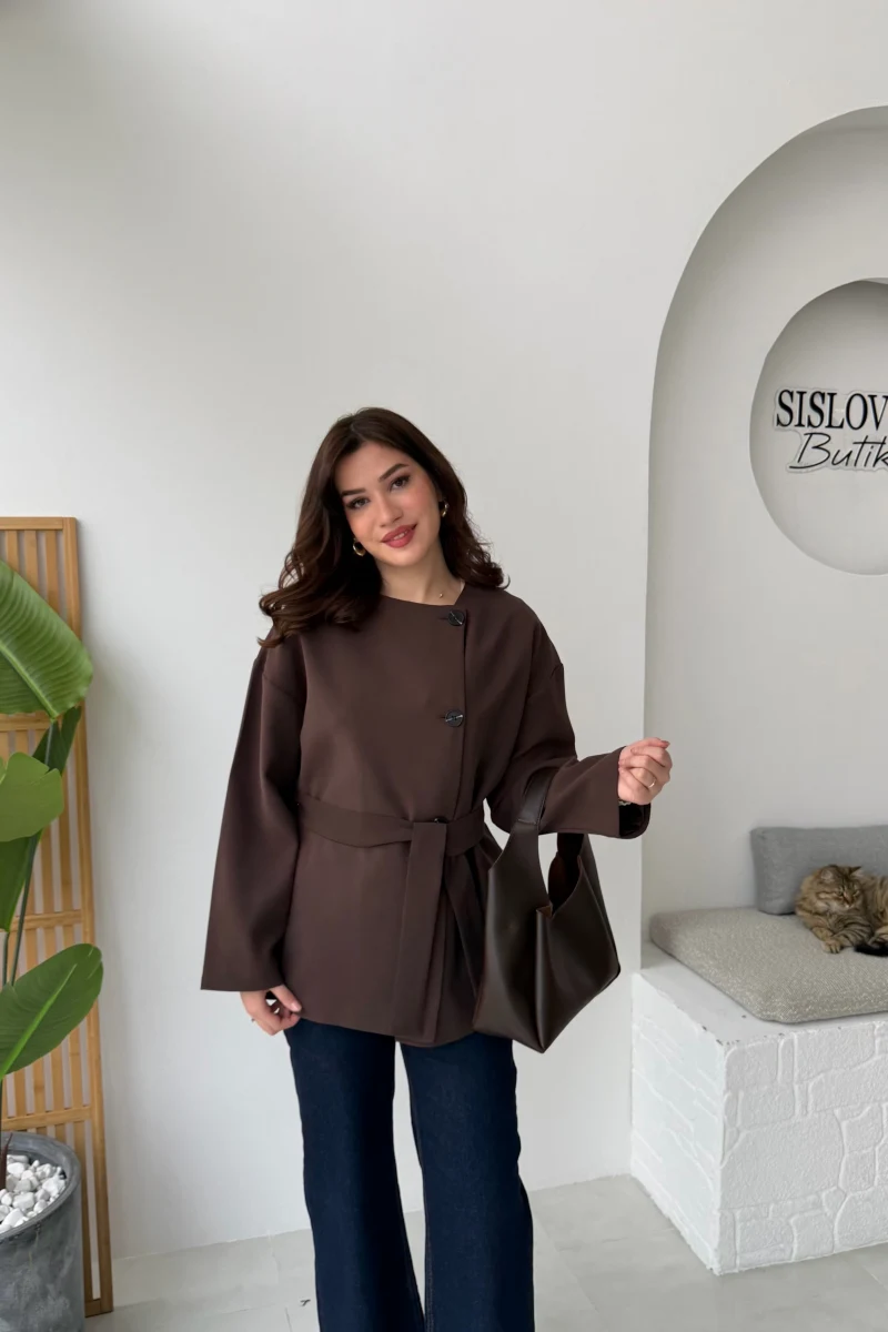 Yazzy Kemerli Kısa Trenç - Acı Kahve - Kod: 7672