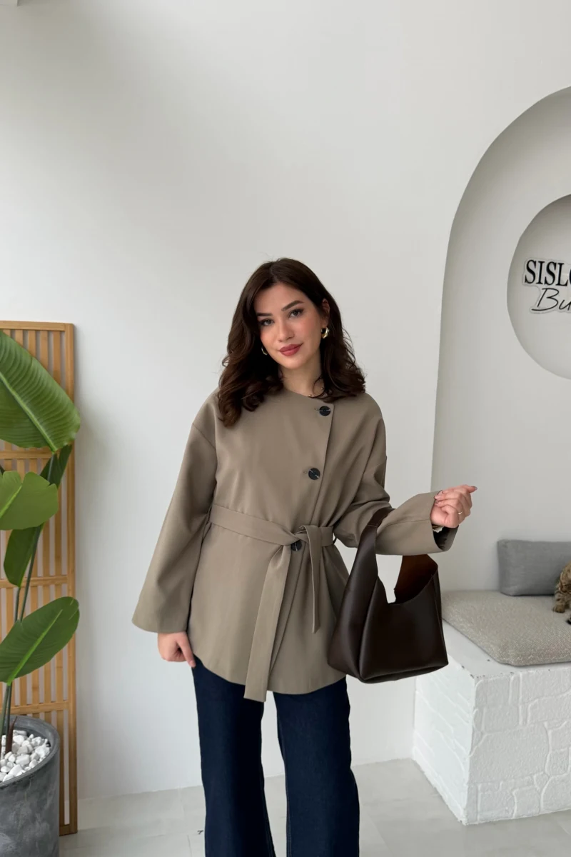 Yazzy Kemerli Kısa Trenç - Haki - Kod: 7672