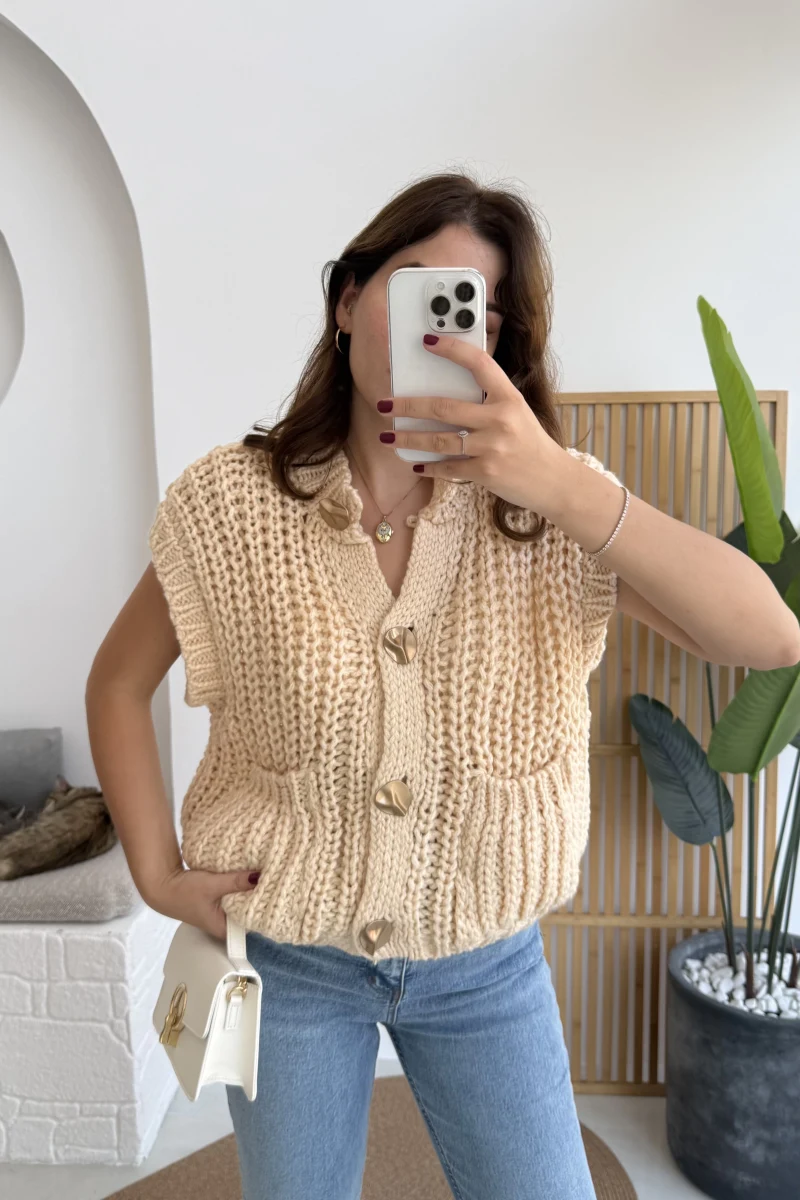 Yelek Büyük Düğmeli Örgü - Krem
