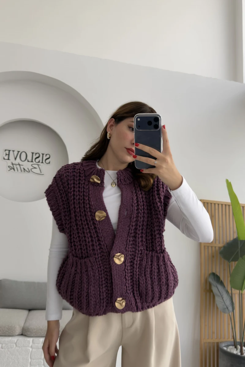 Yelek Büyük Düğmeli Örgü - Mor