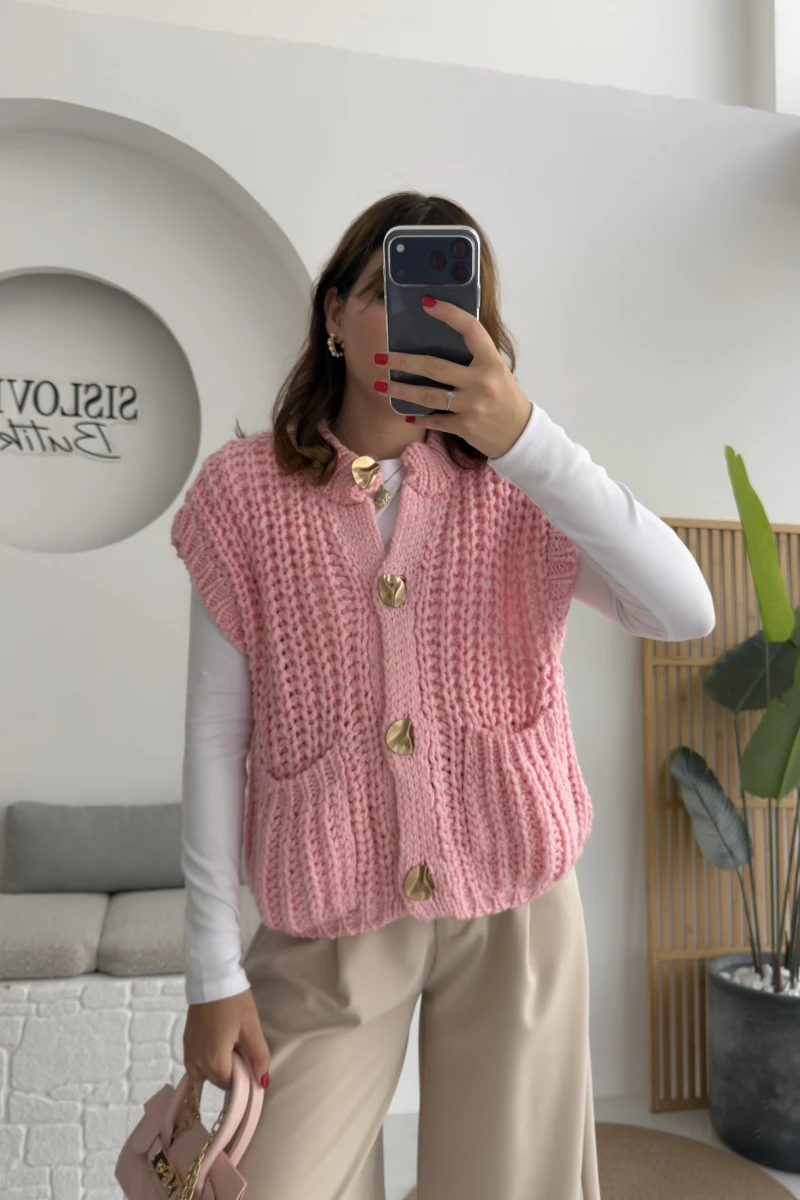 Yelek Büyük Düğmeli Örgü - Pembe