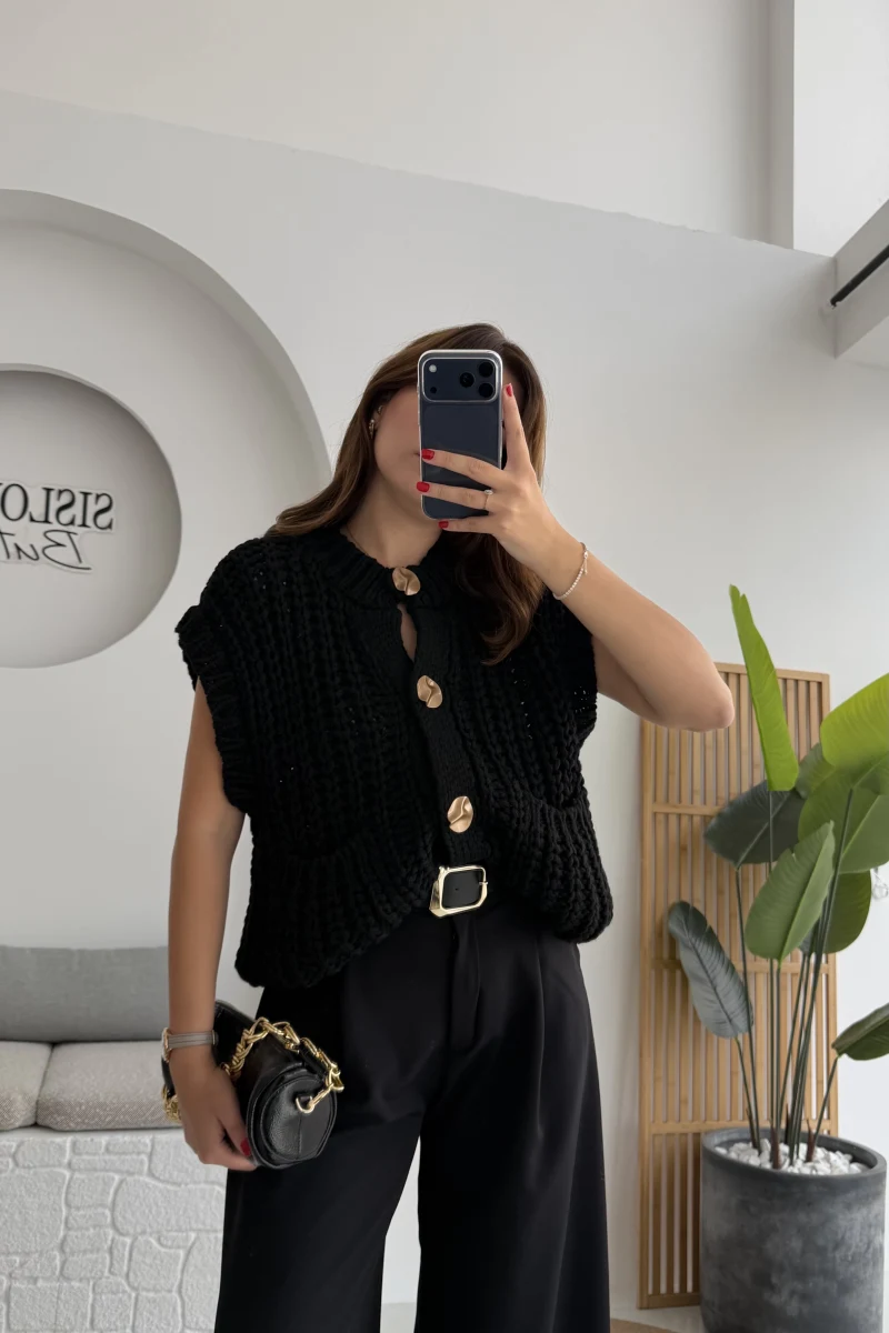 Yelek Büyük Düğmeli Örgü - Siyah