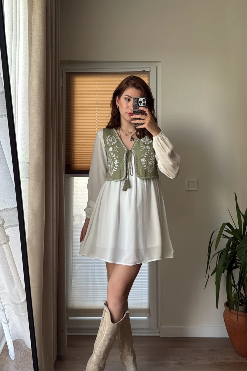 Yelekli Elbise Beyaz - Haki