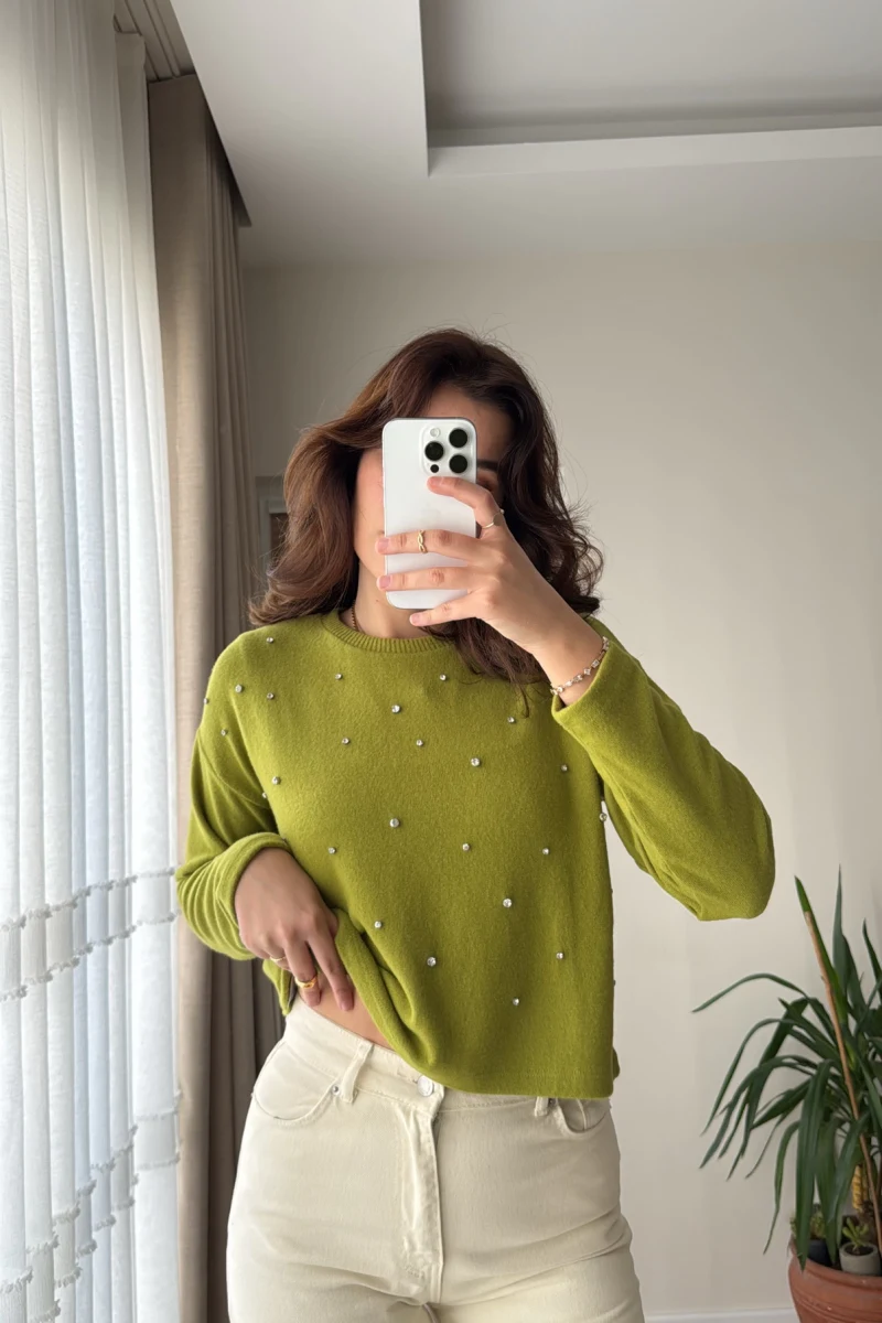 Yeşil Taşlı Pamuk Kumaş Bluz