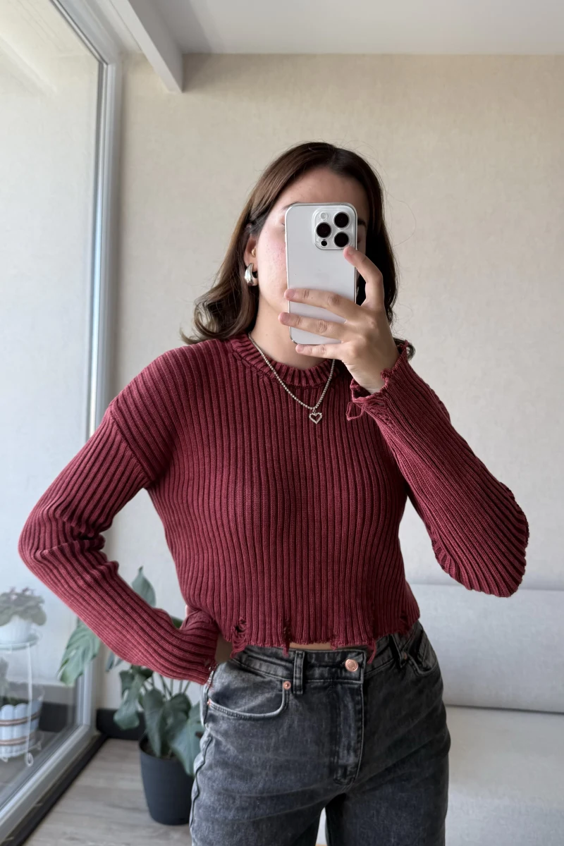 Yıkamalı Yırtık Kazak Bordo