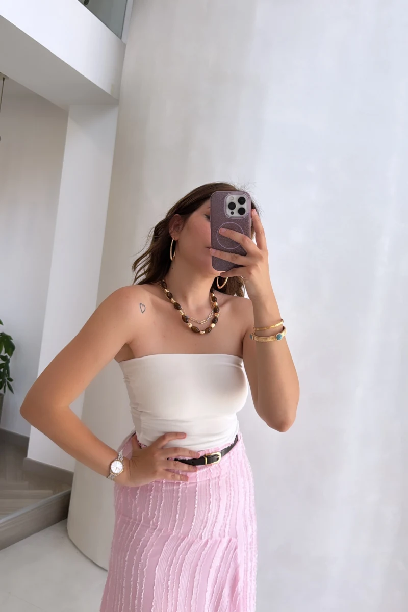 Yırtmaç Detay Straplez Göğüs Pedli Body - Beyaz