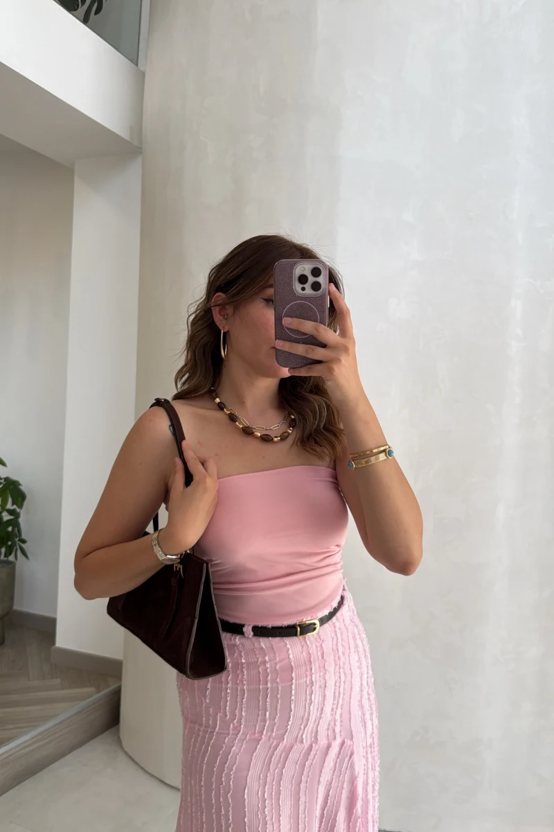 Yırtmaç Detay Straplez Göğüs Pedli Body - Pembe