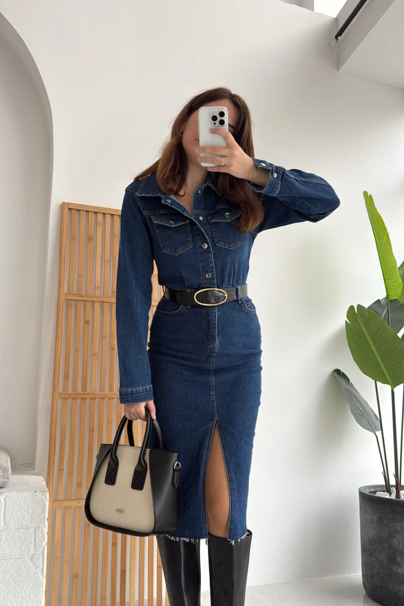 Yırtmaçlı Kısa Denim Elbise - Lacivert