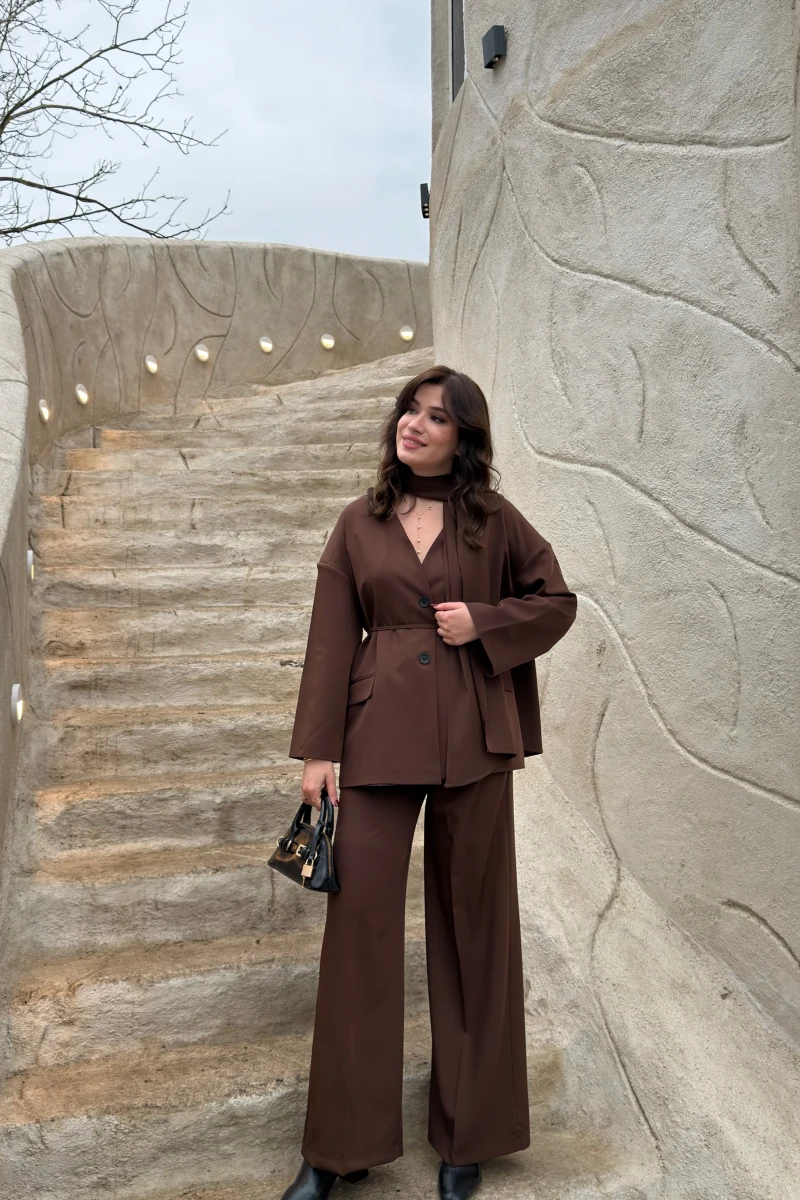 Yuna Fular Detay Bağcıklı Ceket Takım - Acı Kahve - Kod: 6003