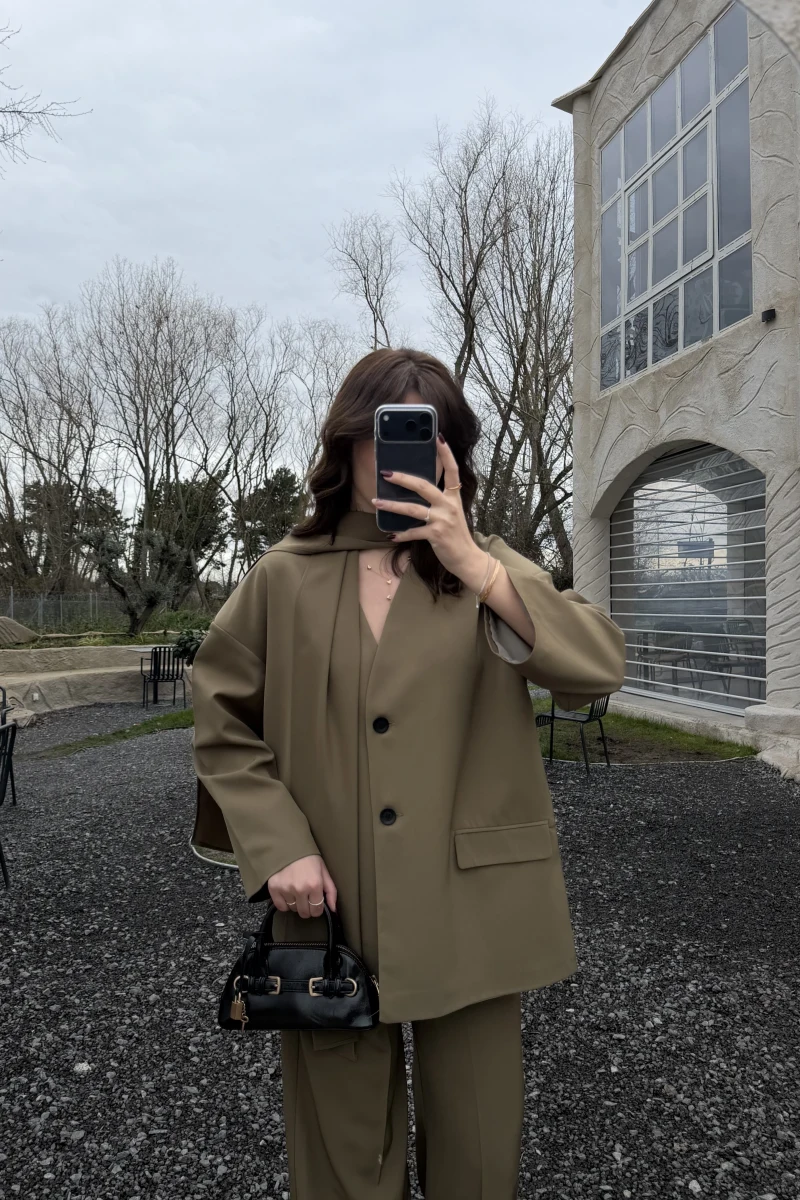 Yuna Fular Detay Bağcıklı Ceket Takım - Haki - Kod: 6003