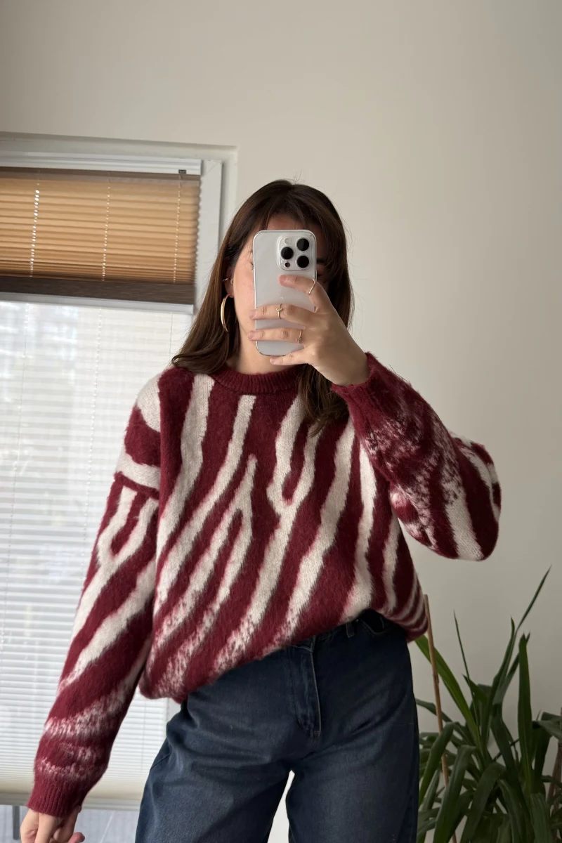 Zebra Desen Kalın Triko Kazak Bordo