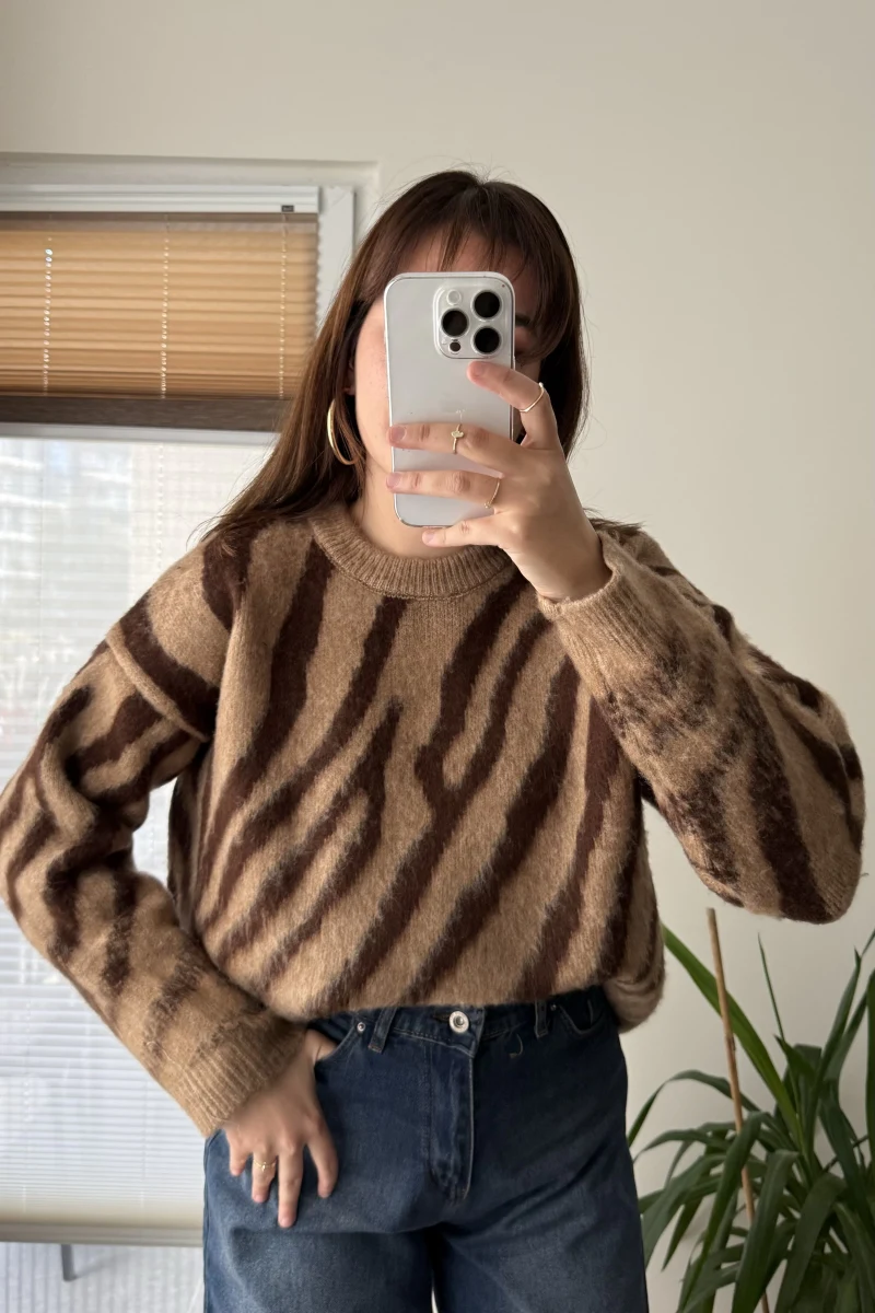 Zebra Desen Kalın Triko Kazak Kahve