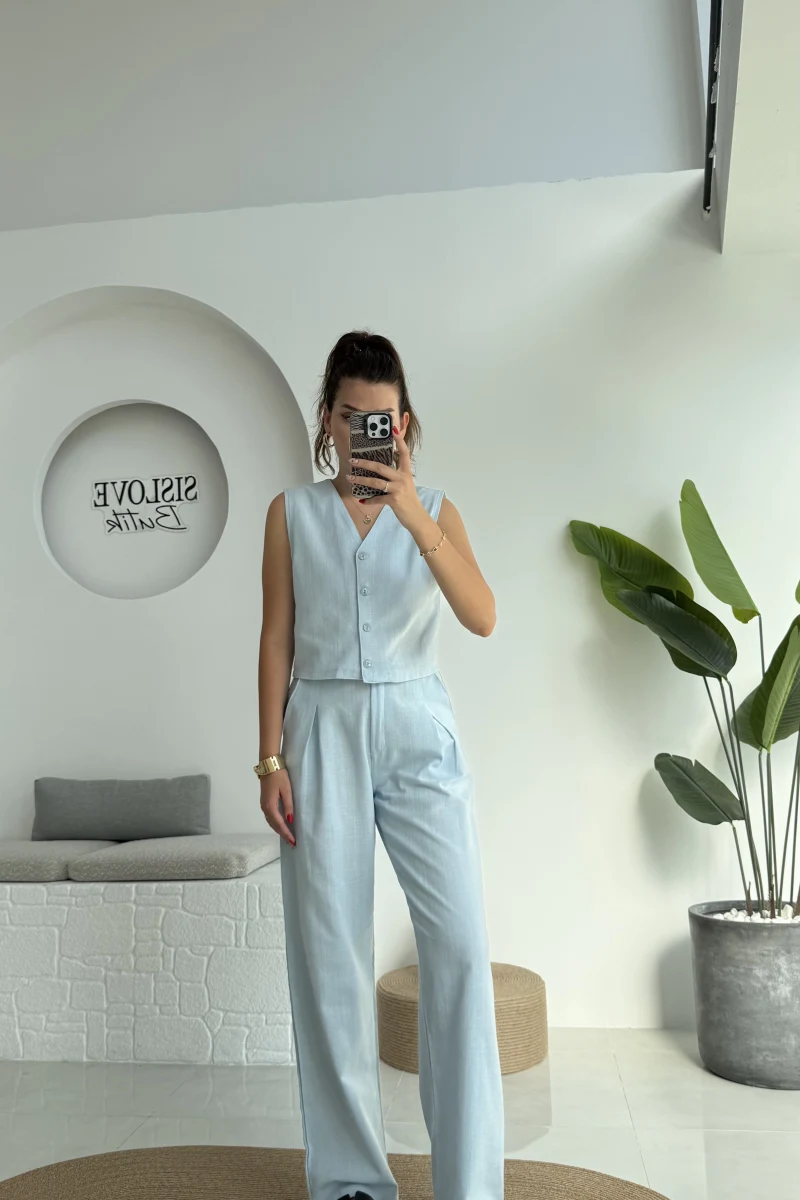 Zenya Yelek - İpli Pantolon Takım - Bebe Mavisi