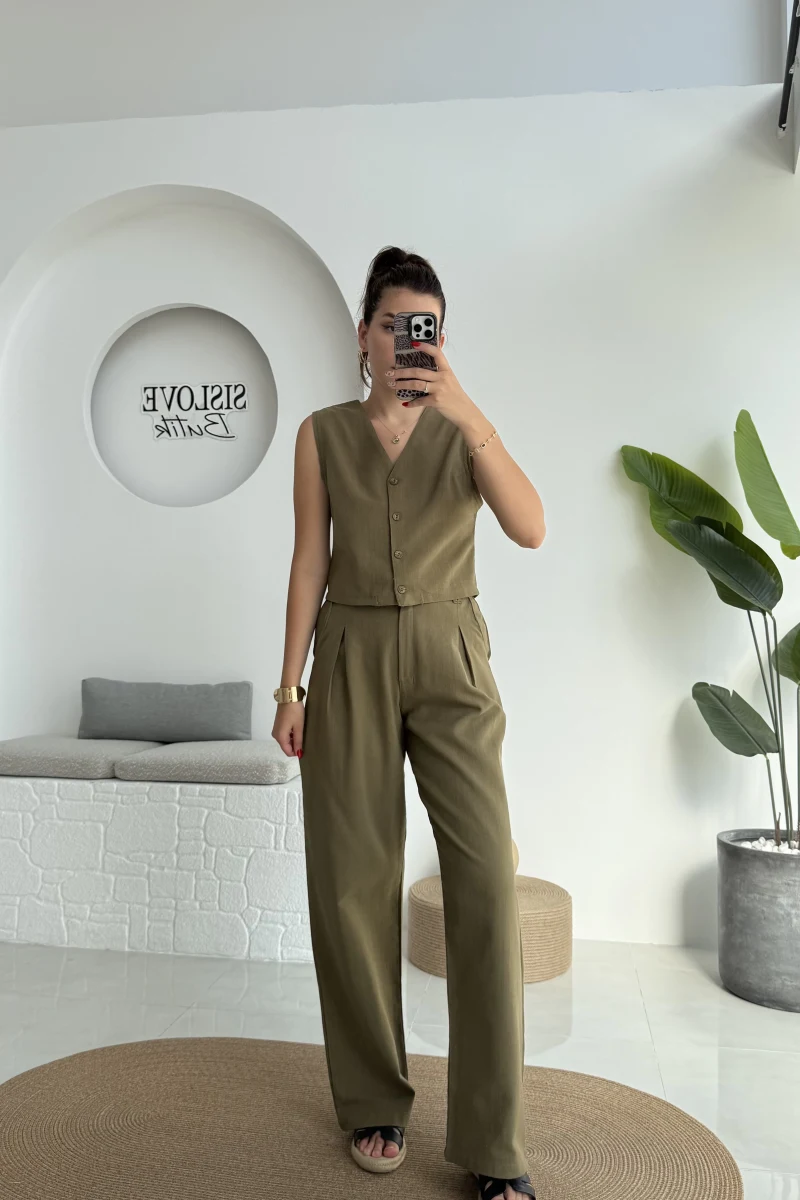 Zenya Yelek - İpli Pantolon Takım - Haki