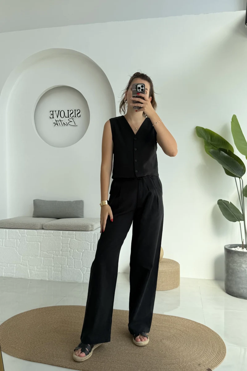 Zenya Yelek - İpli Pantolon Takım - Siyah