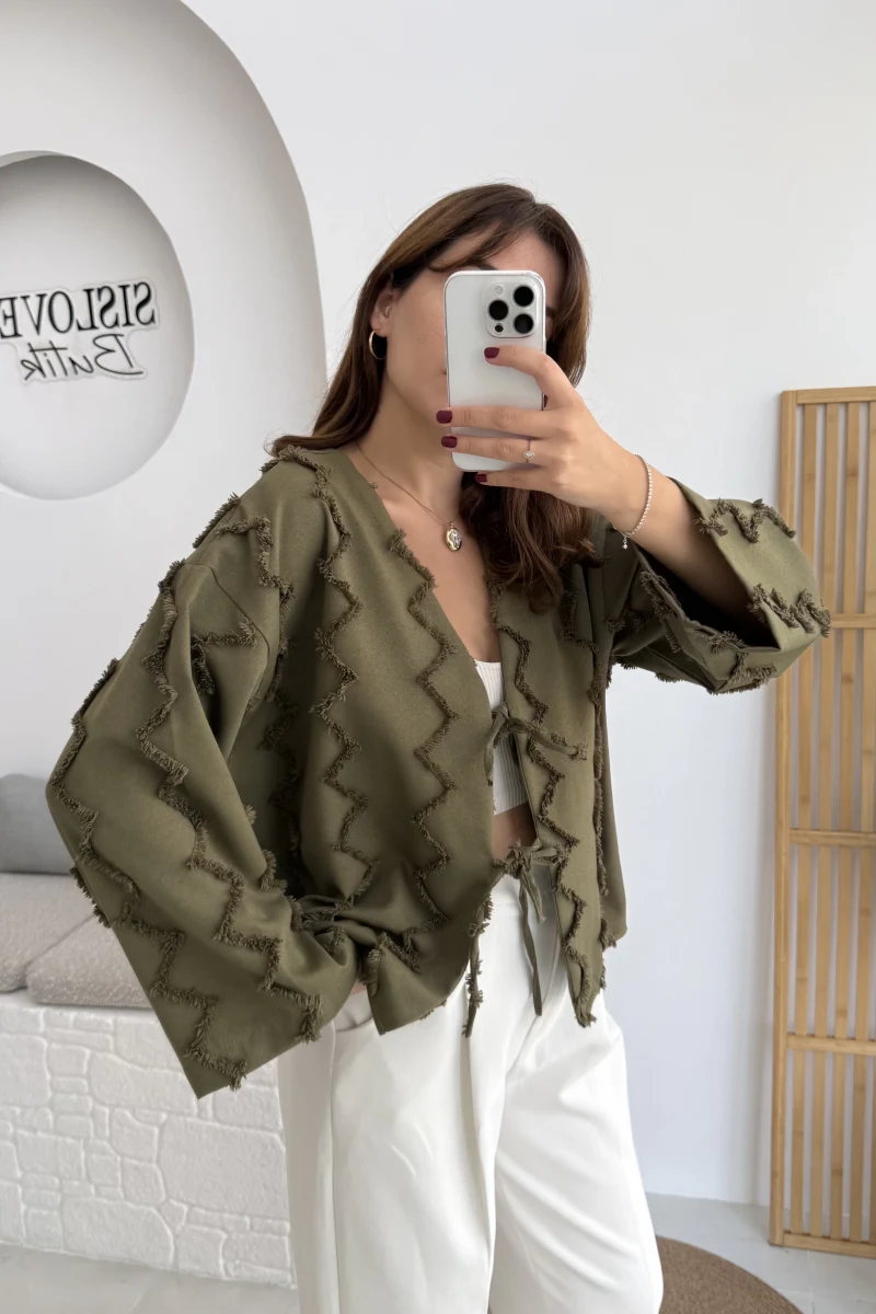 Zikzak Püsküllü Kimono - Haki - Kod: 7030