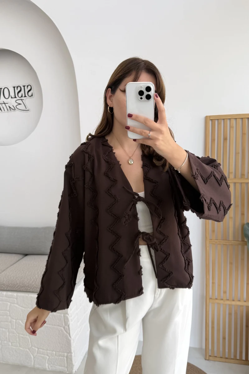 Zikzak Püsküllü Kimono - Kahverengi - Kod: 7030