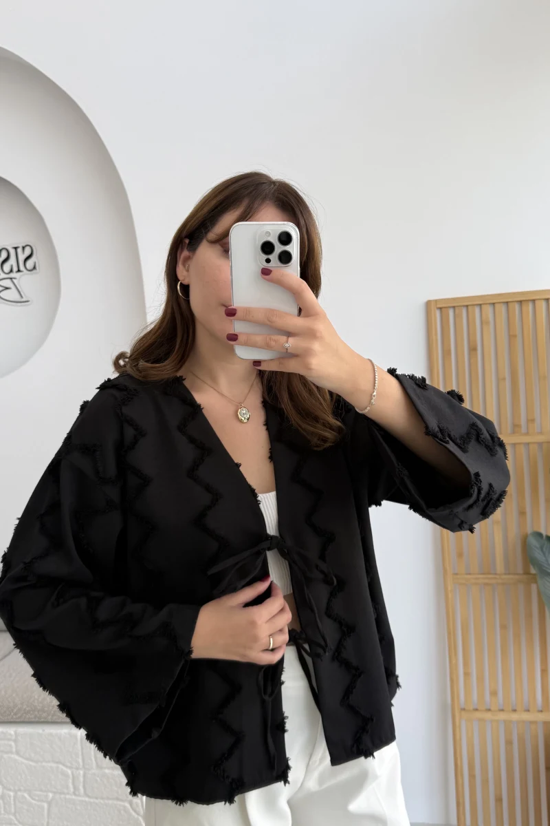 Zikzak Püsküllü Kimono - Siyah - Kod: 7030