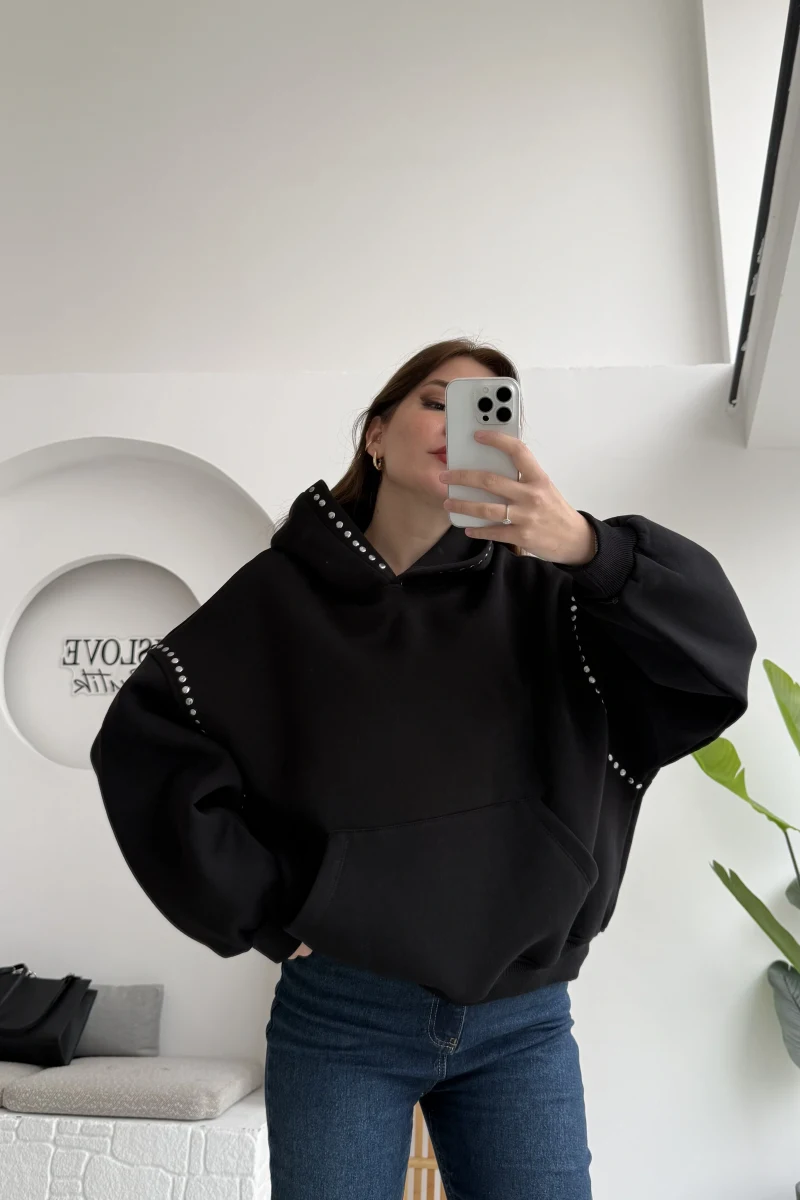 Zımba Detaylı Kapüşonlu Sweatshirt - Siyah