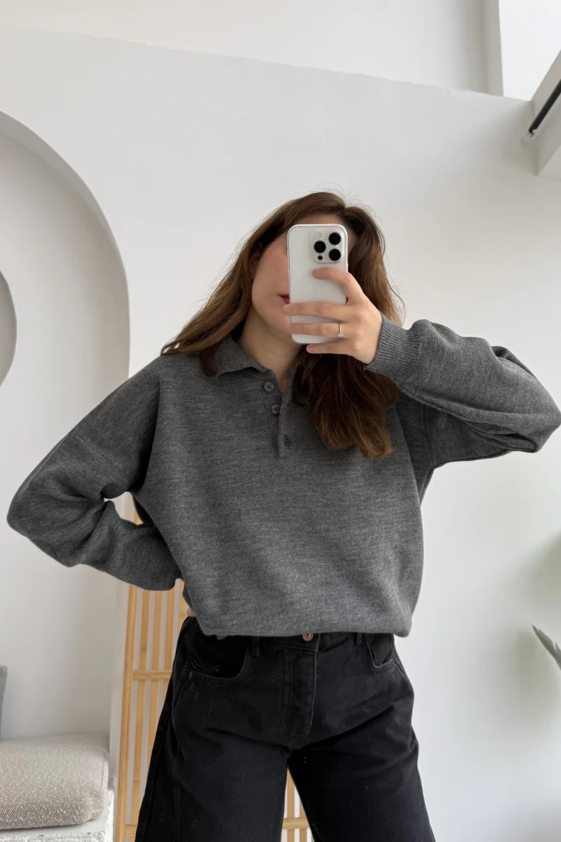 Zoey Polo Yaka Düğmeli Kazak - Antrasit - Kod: 34100