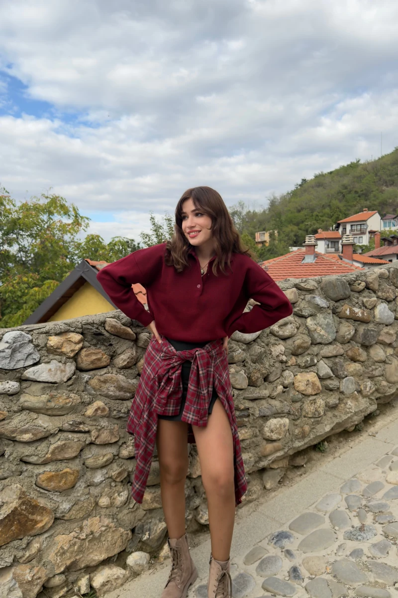 Zoey Polo Yaka Düğmeli Kazak - Bordo - Kod: 34100