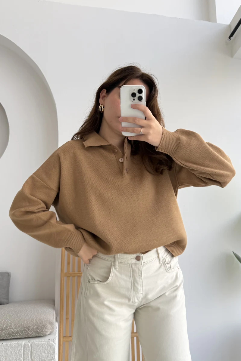Zoey Polo Yaka Düğmeli Kazak - Camel - Kod: 34100