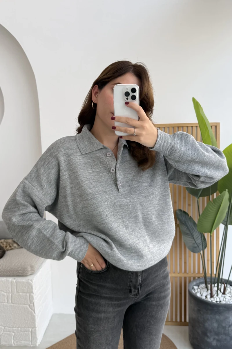 Zoey Polo Yaka Düğmeli Kazak - Gri - Kod: 34100