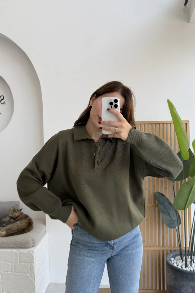 Zoey Polo Yaka Düğmeli Kazak - Haki - Kod: 34100