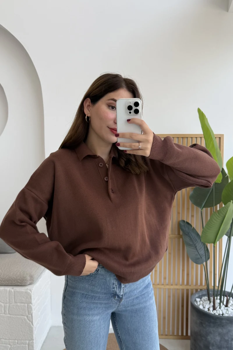 Zoey Polo Yaka Düğmeli Kazak - Kahverengi - Kod: 34100