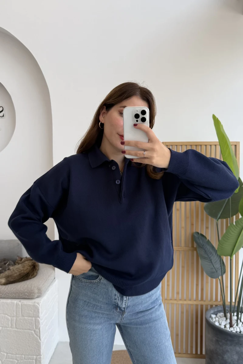 Zoey Polo Yaka Düğmeli Kazak - Lacivert - Kod: 34100