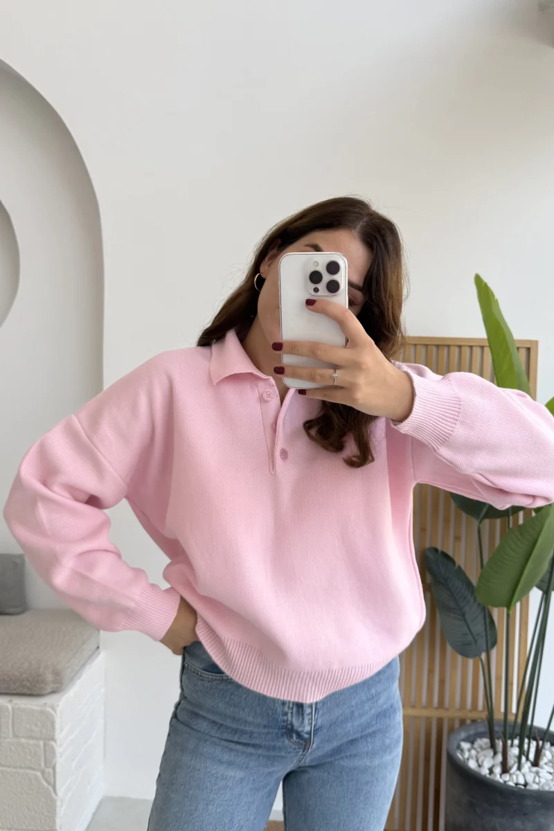 Zoey Polo Yaka Düğmeli Kazak - Pembe - Kod: 34100