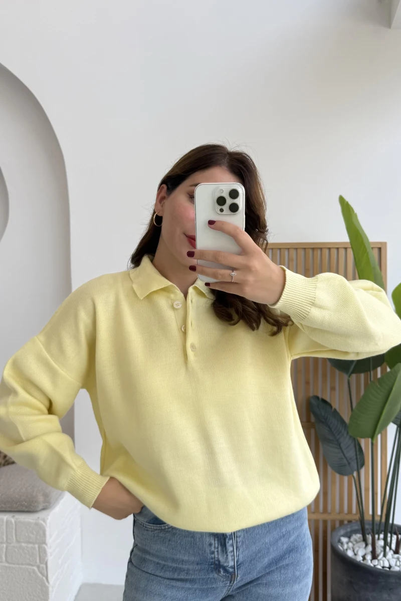 Zoey Polo Yaka Düğmeli Kazak - Sarı - Kod: 34100
