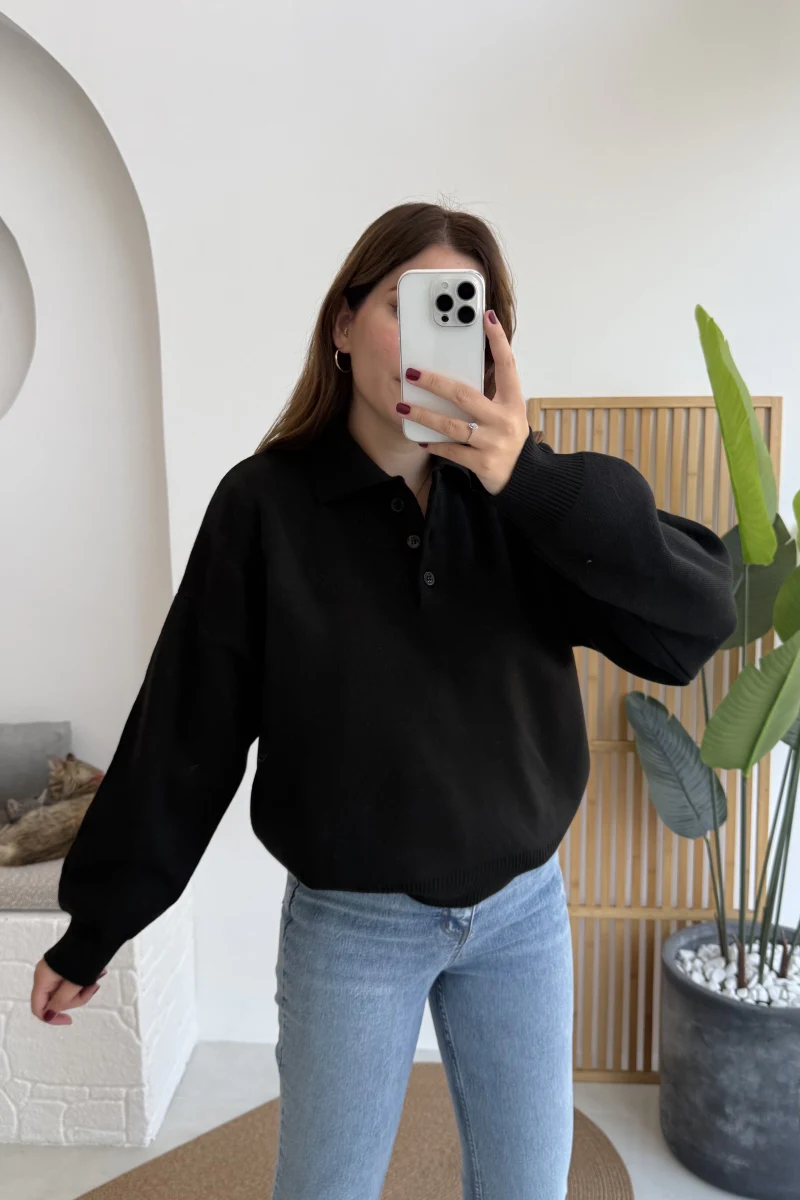 Zoey Polo Yaka Düğmeli Kazak - Siyah - Kod: 34100