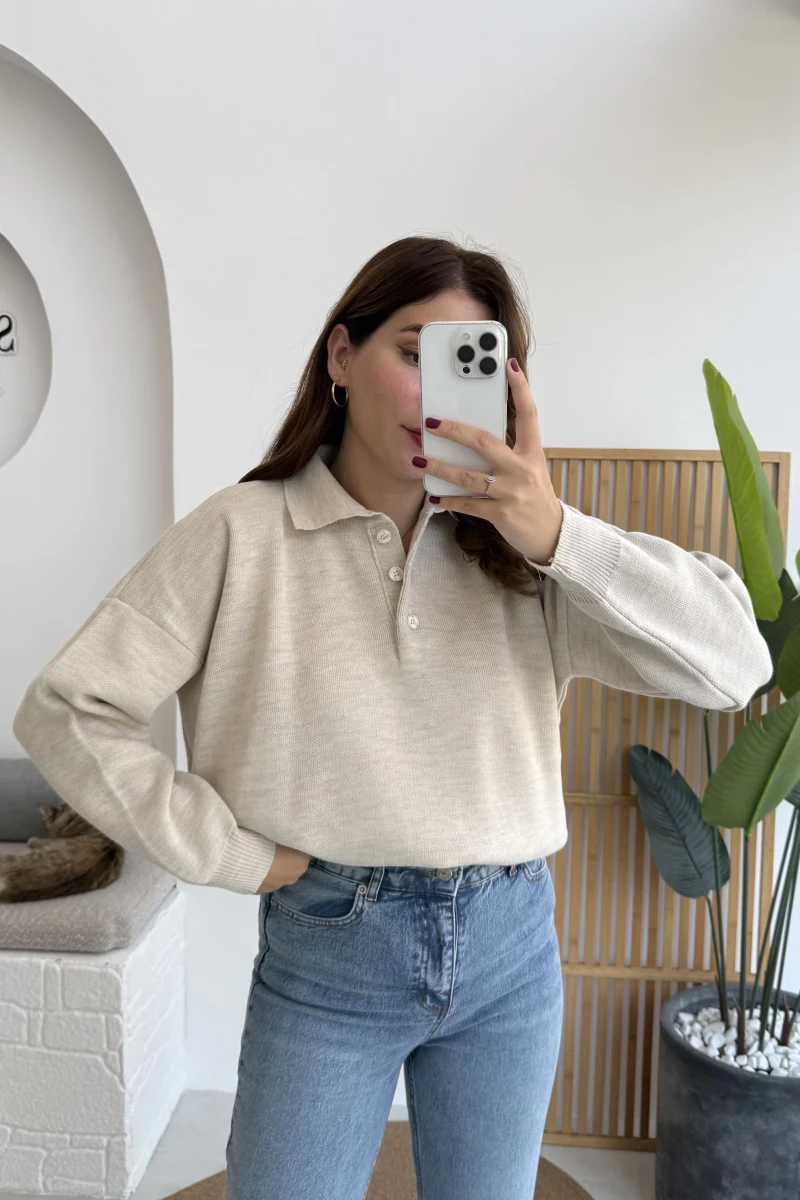 Zoey Polo Yaka Düğmeli Kazak - Taş - Kod: 34100