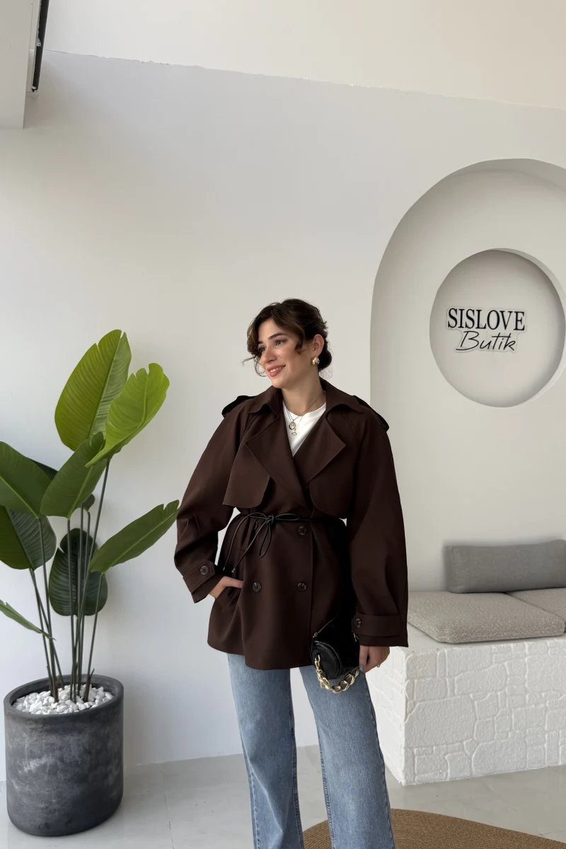 Zoya Deri İpli Kısa Trençkot - Acı Kahve - Kod: 7488