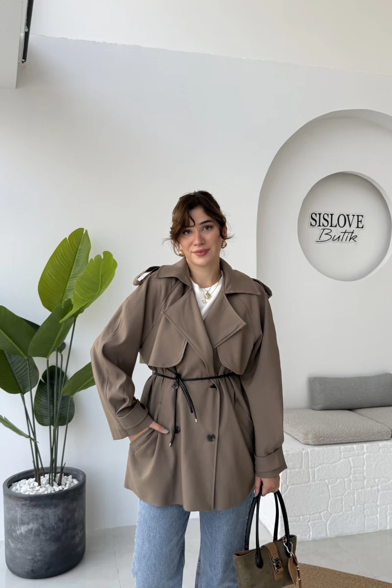 Zoya Deri İpli Kısa Trençkot - Haki Tonları - Kod: 7488